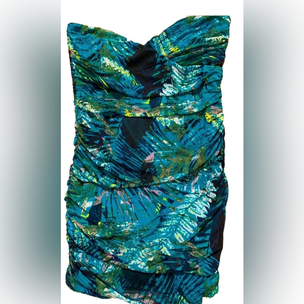 Tropical strapless summer stretchy sundress Turquoise sz L juniors.